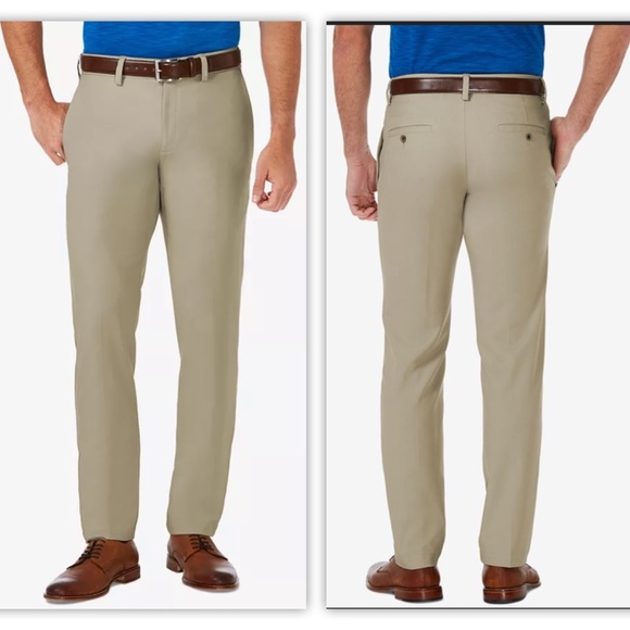 Haggar Slim Fit Cool 18 Pro Flat Front Classic Tan Khaki Dress Pants 34 x 34 - Picture 1 of 9